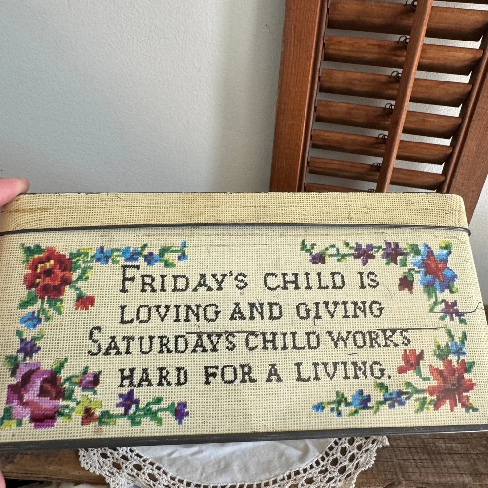 Vintage Carrs of Carlisle England Metal Tin Monday Child Needlepoint Design